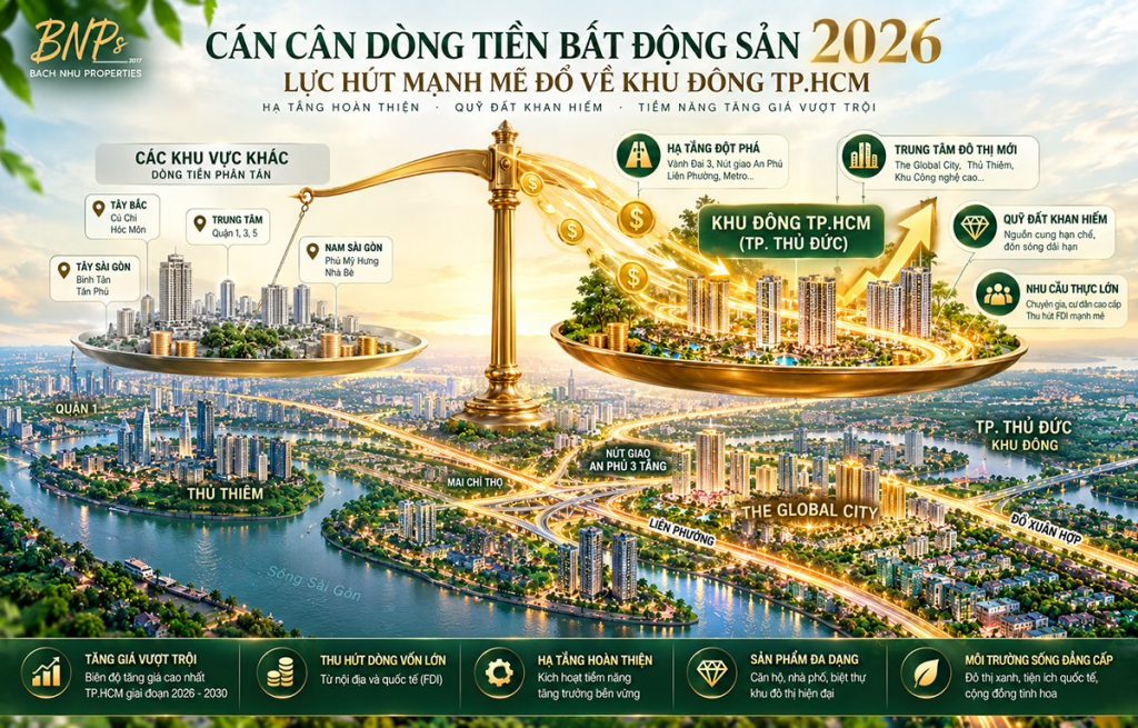 Cán cân dòng tiền Bất động sản 2026: Lực hút mạnh mẽ đổ về khu Đông TP.HCM